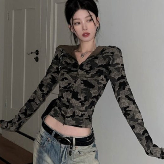 Women's Early Autumn Camouflage Long-Sleeve Hooded Jacket